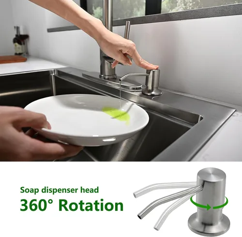 Vista 3 de Dispensador de jabón integrado para fregadero de cocina, cabezal de bomba de encimera de níquel cepillado de acero inoxidable, dispensador de loción