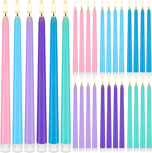 Vista 10 de Baquler 24 velas cónicas sin llama de flores silvestres de 11 pulgadas, funciona con pilas, velas LED de plástico con degradado parpadeante
