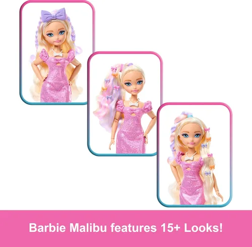 Vista 5 de Muñeca de moda Barbie Dream GET Ready Malibu con cabello estilizado, incluye accesorios sorpresa para el cabello y más de 15 looks