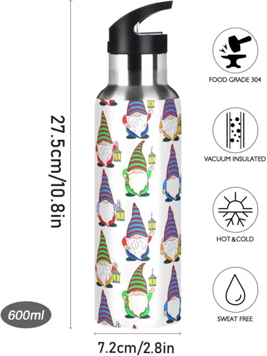 Vista 9 de Insulated Stainless Steel Water Bottle with Straw 20 Oz, Leakproof Water Bottles for Gym Outdoor Travel School, Cute Gnomes