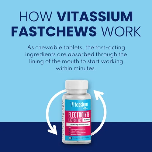 Vista 2 de Vitassium FastChews con electrolitos para reabastecimiento de sodio y potasio, botella de 60 comprimidos FastChews, Fruit Punch