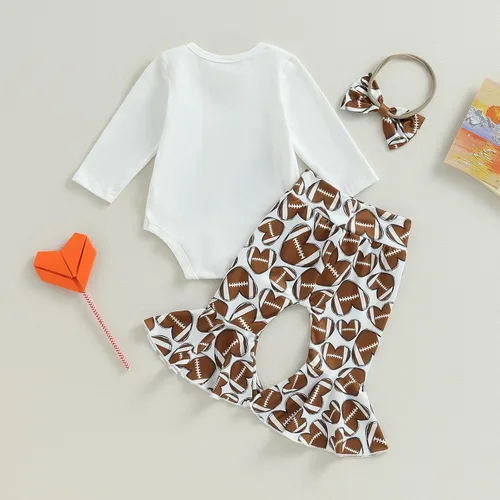 Vista 3 de BULINGNA 3Pcs Infant Baby Girl Football Season Outfits Love Bodysuit Romper Heart Shape Football Flared Pants with Headband