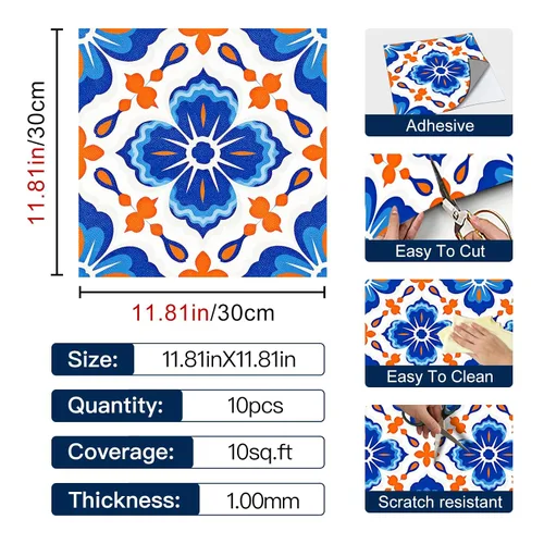 Vista 3 de IVN 10 azulejos de suelo de 12 x 12 pulgadas, diseño geométrico floral azul y naranja, autoadhesivas, removibles, autoadhesivas, calcomanías