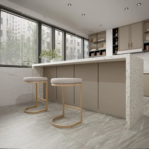 Vista 2 de Cortesi Home Elon Halfmoon - Taburete de mostrador en acero inoxidable dorado cepillado, tela suave marfil