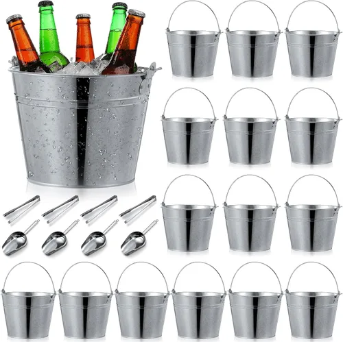 Vista 8 de Zopeal Juego de 24 cubos de cerveza galvanizados, 16 cubos de metal con 4 cucharadas y 4 pinzas, cubo de hielo rústico de 7 pulgadas para fiestas