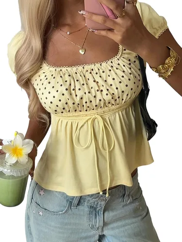 Vista 13 de SOLY HUX Blusa de verano de manga corta para mujer Blanco sólido