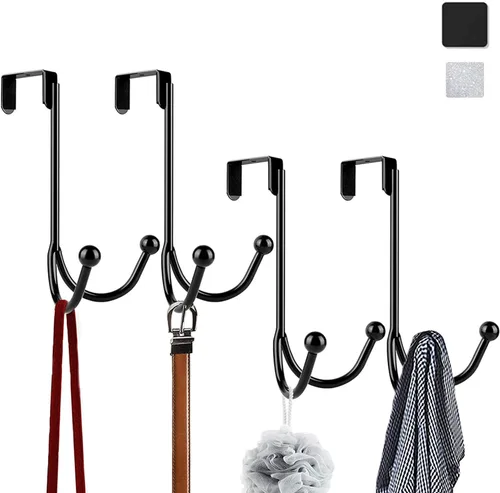 Vista 8 de HFHOME Paquete de 2 ganchos dobles para colgar sobre la puerta, organizador de ganchos dobles de metal para colgar abrigos, sombreros, batas, Negro