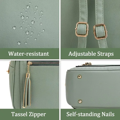 Vista 6 de Mini mochila antirrobo para mujer, bonita mochila escolar para adolescentes y niñas con cremallera segura y borla, forro polar verde con licencia