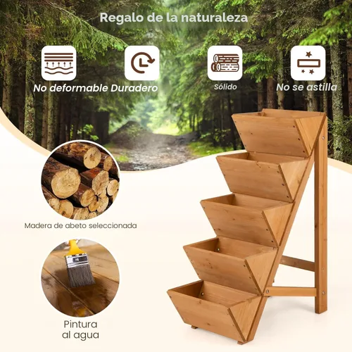 Vista 3 de Giantex Cama de jardín vertical elevada de madera de 5 niveles, soporte independiente para plantas con patas para hierbas, verduras y frutas, maceta
