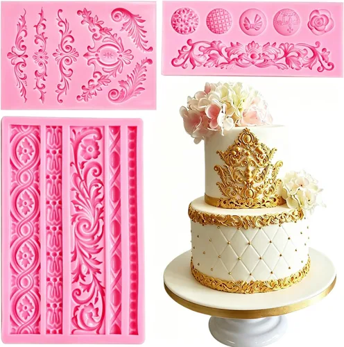 Vista 8 de Moldes de silicona para fondant, paquete de 3 moldes de fondant barrocos 3D, bordes de desplazamiento, moldes de silicona de encaje para curvas