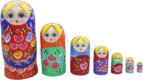 Vista 8 de Winterworm Juego de 7 piezas de hermosas muñecas de madera roja con bufanda azul tradicional rusa anidación muñecas Matryoshka juguetes regalo hogar