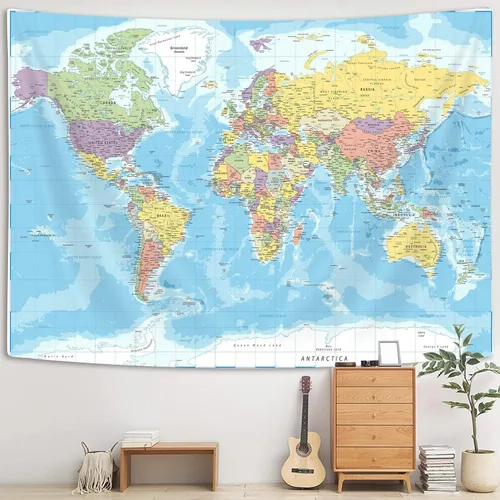 Vista 2 de TOMOZ Tapiz de mapa del mundo para colgar en la pared para profesores, estudiantes, mapa del mundo con países y ciudades principales, tapiz