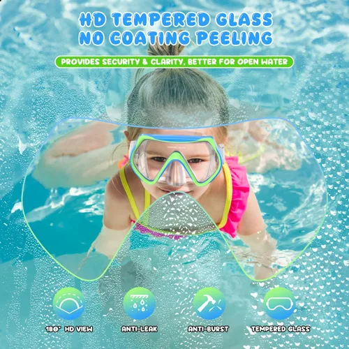 Vista 2 de Juego de esnórquel con aletas de máscara para niños, equipo de esnórquel con parte superior seca para niños, jóvenes, niños y niñas, 1Y-5Y