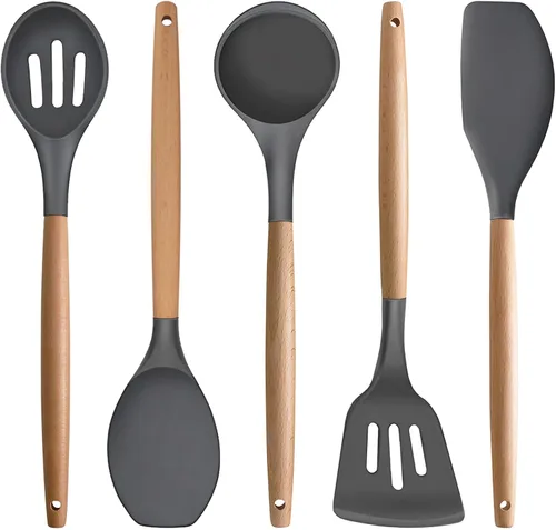 Vista 18 de Juego de 4 utensilios de cocina de silicona, juego de utensilios de cocina grandes antiadherentes con mango de madera, grado alimenticio, resistente