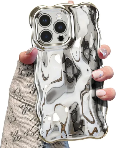 Vista 9 de UEEBAI Funda ondulada para iPhone 14 Pro Max, bonita cubierta plateada con forma de onda para iPhone, bonita funda estética 3D para teléfono