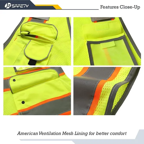 Vista 2 de JKSafety Chaleco de seguridad de malla frontal con cremallera de color amarillo neón de alta visibilidad con borde extendido naranja fluorescente