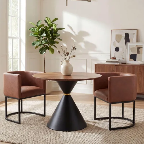 Vista 55 de HNY Silla de comedor moderna de mediados de siglo tapizada en forma de barril, negra, con brazos, silla de cocina y comedor de cuero, silla auxiliar