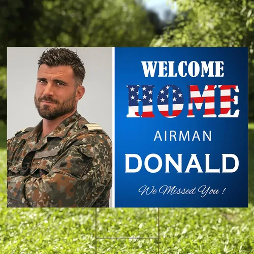 Vista 7 de Letrero militar personalizado de bienvenida a casa para patio con foto, cartel personalizado con nombre e imagen al aire libre para soldado, marino