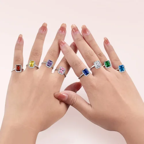 Vista 6 de 925 Sterling Silver Birthstone Rings for Women Girls with Clear 2ct HeartRoundTeardropSquare Crystal, Solitaire Diamond Halo Open Bands Cubic