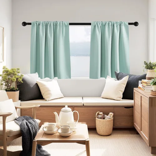 Vista 7 de PONY DANCE - Cortinas opacas pequeñas azul aguamarina para cocina, sobre fregadero, para caravana, con aislamiento térmico y bolsillo para barra, 2