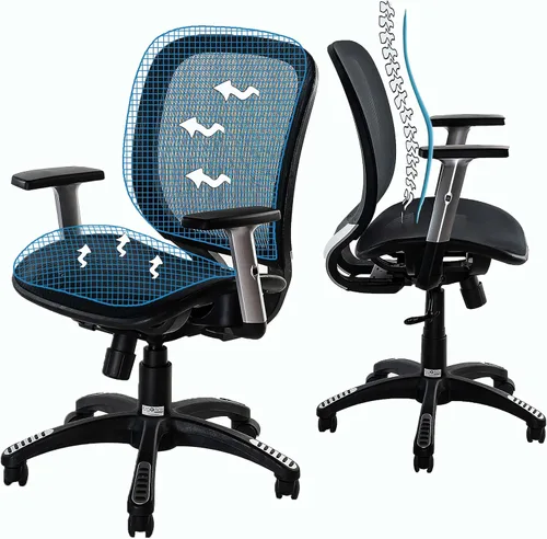 Vista 7 de Silla de oficina ergonómica, silla de oficina, soporte lumbar, silla de oficina de malla con respaldo medio con reposabrazos ajustables, silla