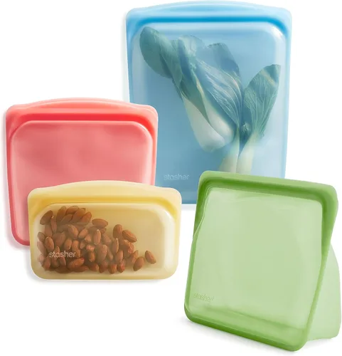 Vista 10 de Stasher - Bolsas de silicona reutilizables para almacenamiento de alimentos, paquete de 4, multicolor Food-Safe Silicone, BPA-Free, Leak-Free