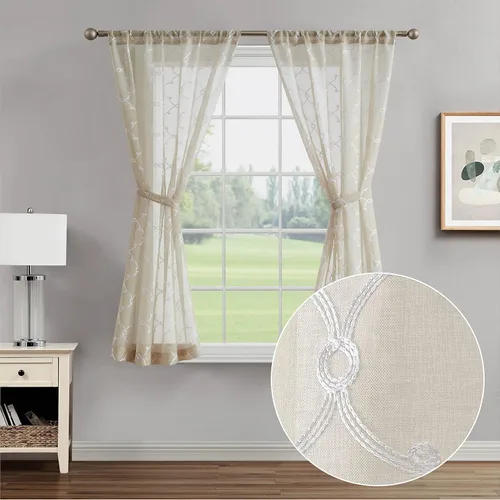 Vista 9 de Creative Home Ideas Cortinas transparentes (2 paneles, 38 x 63 pulgadas, azul), paneles de cortina geométricos bordados con alzapaños, cortinas