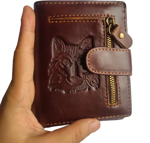 Vista 3 de Hombres Cool Eagle Wolf Caballo Totem Cuero Vaca Cartera Vertical Cremallera Multi-tarjeta Titular de la tarjeta (Wolf Totem A)