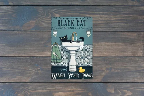 Vista 6 de Cartel divertido de gato negro en metal para decoración de baño, letreros de lata para baño, letreros de pared, decoración divertida para inodoro