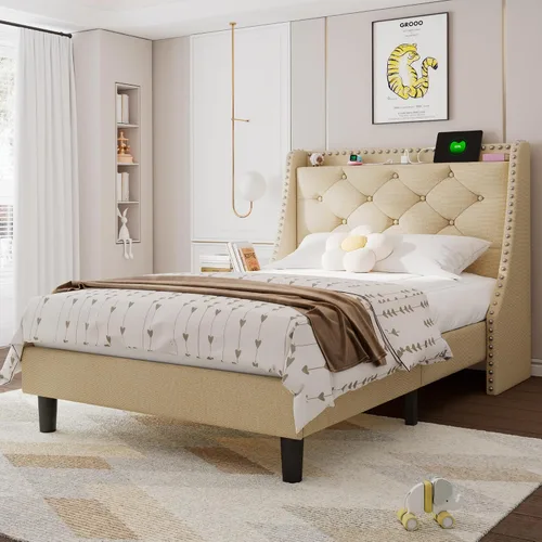 Vista 9 de Feonase - Base de cama tamaño completo con respaldo de alas de lujo y estación de carga rápida, base de cama tapizada con botones y cabecera