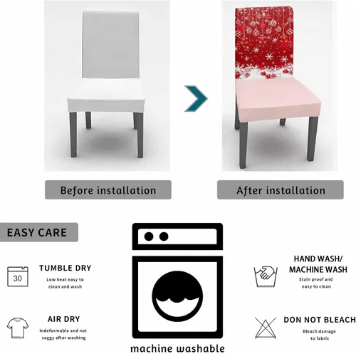 Vista 4 de YOKOU Juego de 4 fundas elásticas para sillas de comedor, diseño de copos de nieve, estrellas, fondo rojo, invierno, fundas protectoras extraíbles