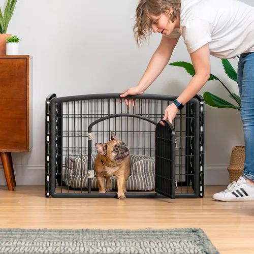 Vista 5 de IRIS USA Corralito de 24” para mascotas, complemento de 2 paneles, plástico moldeado de alta resistencia, no se oxida, patas de goma Negro
