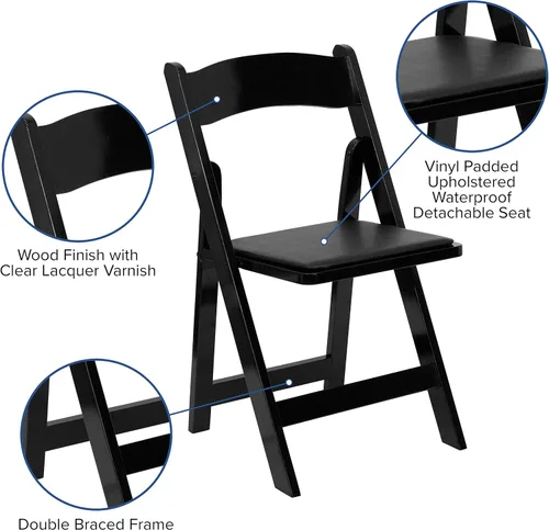 Vista 4 de HERCULES™ silla plegable de madera blanca, con asiento acolchado, Vidrio, Negro