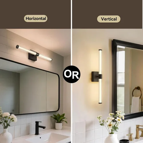 Vista 2 de Tubicen Luz de tocador lineal negra vertical LED luz de pared 360° iluminación completa 12W Horizontal baño tubo barra luz sobre espejo 25 pulgadas