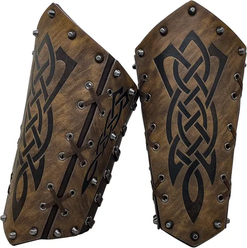 Vista 7 de Brazaletes vikingos de cuero sintético, muñequera de guantelete de cuero, brazaletes medievales, armadura de brazo, caballero LARP, 2 piezas