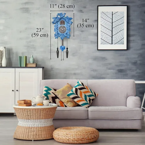 Vista 4 de Reloj de cuco con modo nocturno, decoraciones talladas a mano y péndulo oscilante (azul)