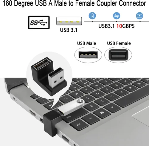 Vista 2 de QIANRENON Convertidor de adaptador USB 3.1 en forma de U de 10 Gbps 180 grados USB A macho a hembra, compatible con transferencia de datos OTG 3A