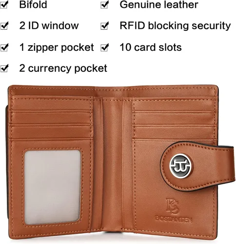 Vista 4 de BOSTANTEN - Billetera de cuero para mujer con bloqueo RFID, pequeña, con cremallera, de bolsillo, para tarjetas, con ventana para documento