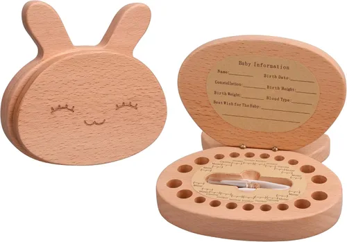 Vista 10 de AhfuLife Caja de recuerdo de dientes de bebé con botella de lanugo, caja de recuerdo de madera con forma de panda para los primeros dientes