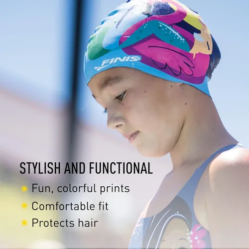 Vista 3 de FINIS Gorra de silicona de sirena, divertido gorro de natación para niños con un ajuste universal, gorra de natación 100% de silicona con borde