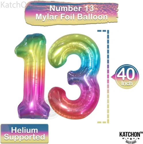 Vista 4 de KatchOn, Globo gigante arcoíris número 13 – 40 pulgadas Globos de cumpleaños 13 Decoraciones de cumpleaños 13 para niñas Globos de números