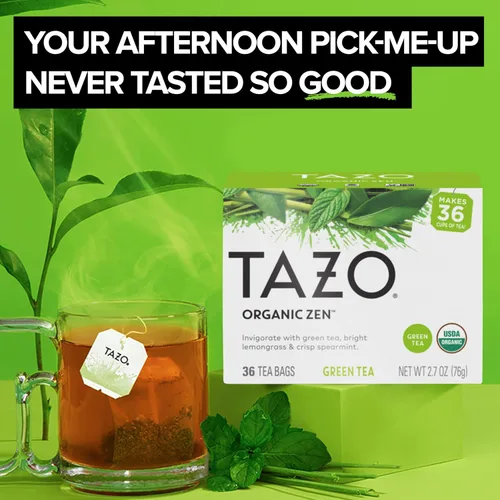 Vista 2 de Bolsitas de té verde orgánico Zen de Tazo, té sin cafeína con refrescante citronela y hierbabuena, 144 bolsitas de té en total