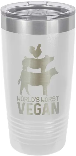 Vista 17 de Taza de viaje con pajita grabada a láser con citas de barbacoa, de la marca World's Worst Vegan, de 20 onzas, para comparar con Yeti Rambler