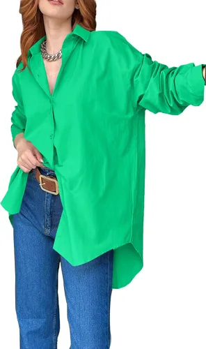 Vista 3 de LYANER Blusa de manga larga con cuello de gran tamaño para mujer, con botones, dobladillo con abertura