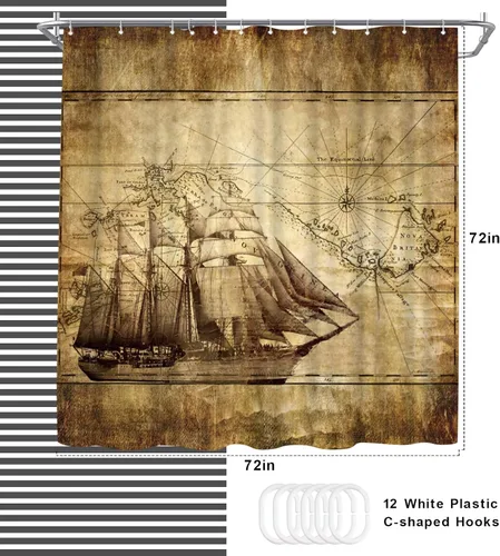 Vista 4 de WELMECO Cortina de ducha náutica con tema oceánico, cortina de ducha para hombre, decoración de baño, tela de poliéster, 72 x 72 pulgadas