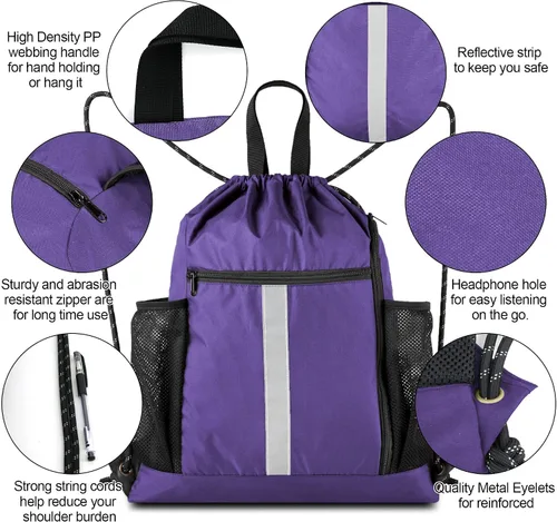 Vista 6 de Mochila con cordón BeeGreen, estilo deportivo, bolsa de gimnasio para mujeres y hombres, tamaño grande con dos bolsillos con cremallera y bolsillos