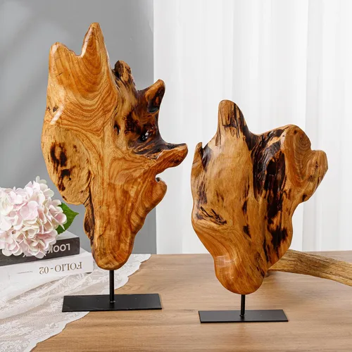 Vista 6 de Escultura irregular de madera de raíz tallada a mano, escultura abstracta de pie para decoración del hogar, estatua de mesa con borde natural