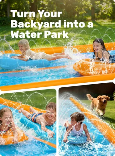 Vista 6 de Sloosh Tobogán acuático de doble carril, tobogán de agua resistente de 25 x 6 pies con aspersor y 2 tablas inflables para adultos y niños, fiesta