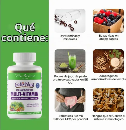 Vista 3 de Paradise Herbs Earth's Blend Multivitamínico con hierro, 120 cápsulas