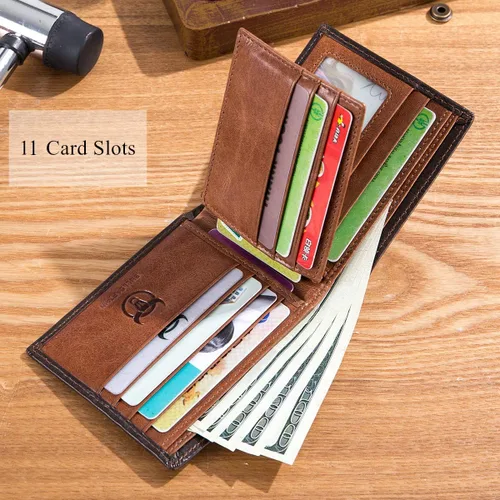 Vista 4 de BULLCAPTAIN Carteras RFID para hombres Slim Bifold Cuero Genuino Bolsillo Frontal Cartera con 2 ID Windows QB-05, Marrón, Retro